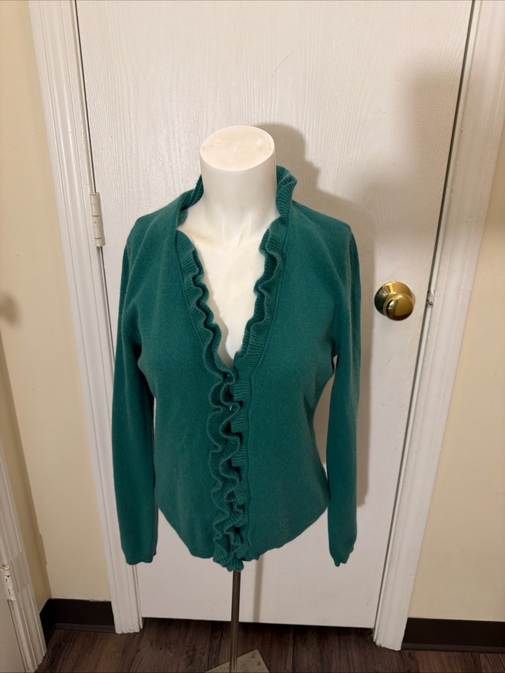 Garnet Hill Womens Green 100% Cashmere Ruffle Trim Button Front Cardigan Size S